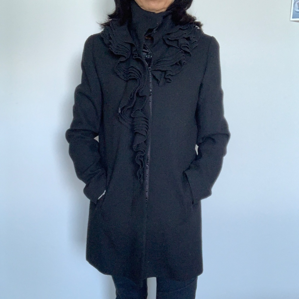 T Tahari Ruffle Collar Coat Black